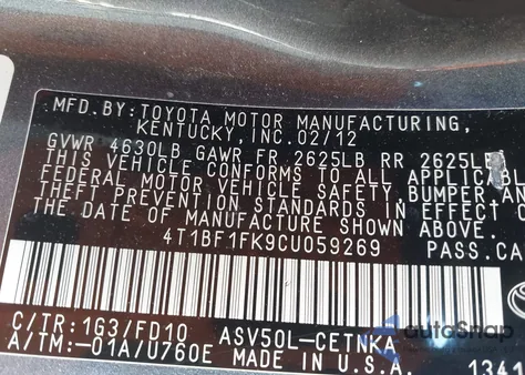 2012 Toyota Camry Le из США, поврежденный, VIN 4T1BF1FK9CU059269